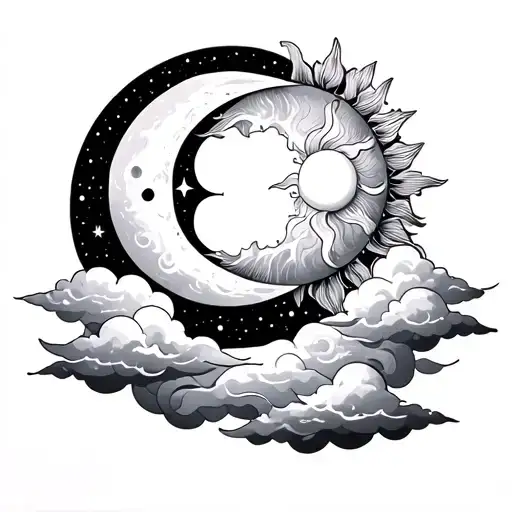 celestial sun and moon with clouds no faces tattoo design idea