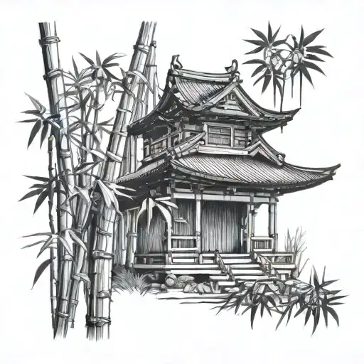 bamboo tree branches and Japanese temple collage  tattoo design idea