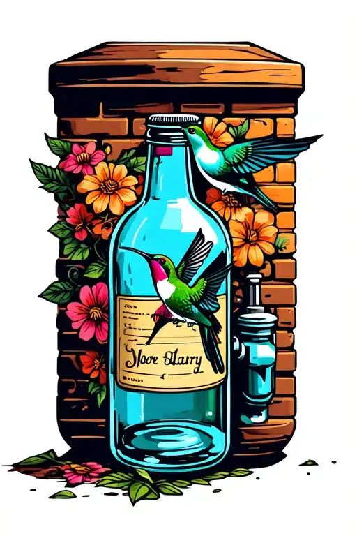 brick, sewing machine, PET dairy glass bottles, humming birds tattoo design idea