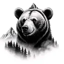 realistic mauntains whose peaks are in the mists that pass into the bear's head. In front of the mountains lies a forest tattoo design idea