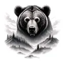 realistic mauntains whose peaks are in the mists that pass into the bear's head. In front of the mountains lies a forest tattoo design idea