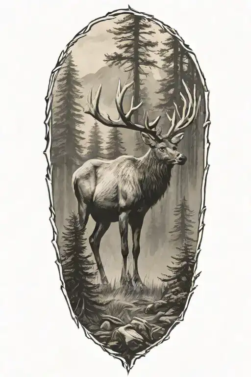pacific northwest mountains and forest elk standing in opening tattoo design idea