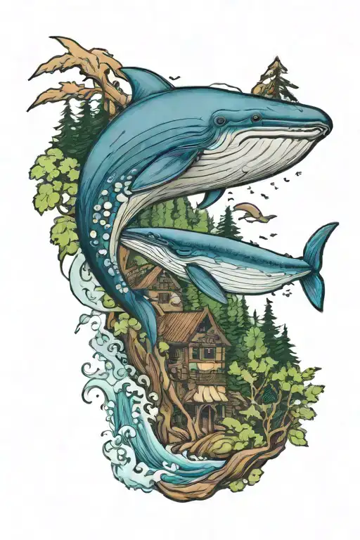 Sleeve tattoo with theme of blue whale, west coast of Washington, ocean, mountains, forest and toad trip tattoo design idea