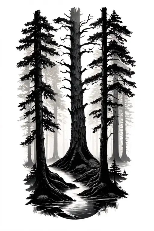 A forearm-length tattoo featuring a dense and tranquil Latvian forest. Include detailed silhouettes and textures of nati tattoo design idea