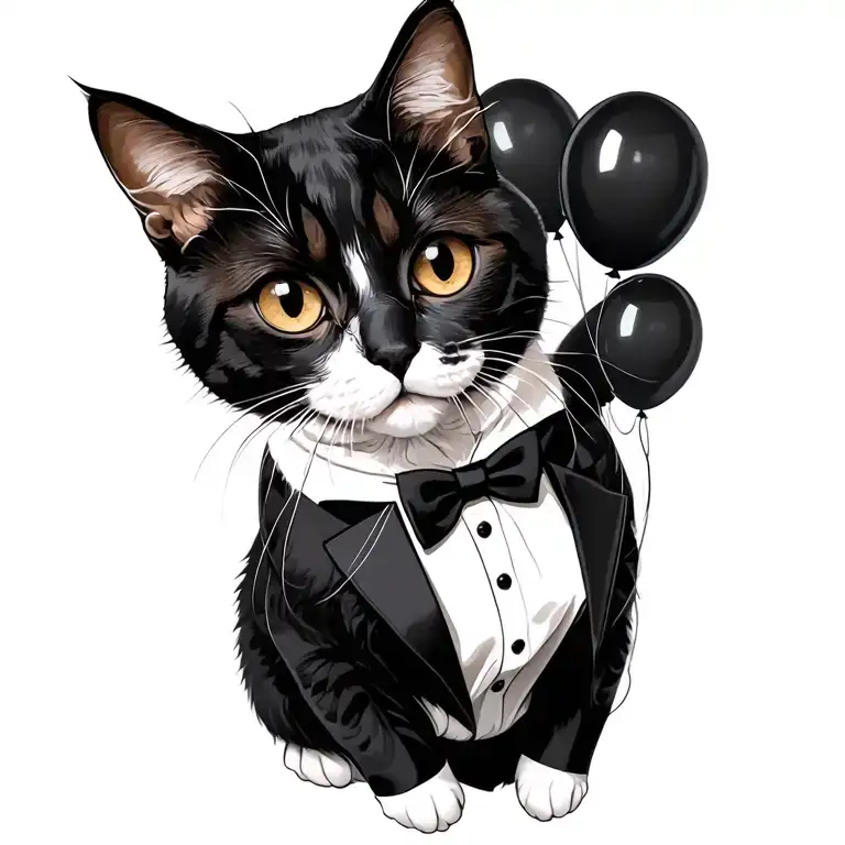 tuxedo cat floating with black balloons floating tattoo design idea