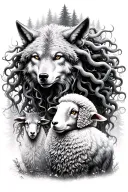medusa surrounded by forest trees background looking down at wolfs dressed in sheeps clothing tattoo design idea