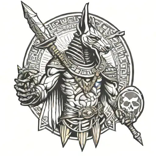 Anubis the god of death holding khonshus staff, khonshu referring to moon knight the marvel show and comic, tattoo design idea