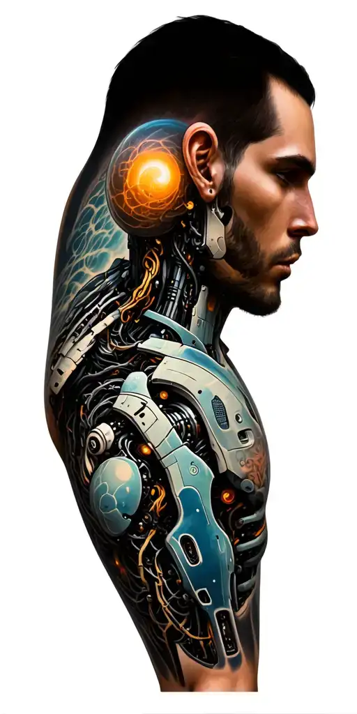 Hyperrealistic tattoo design, human sleeve transforming into robotic sleeve, intricate biomechanical transition tattoo design idea