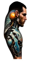 Hyperrealistic tattoo design, human sleeve transforming into robotic sleeve, intricate biomechanical transition tattoo design idea