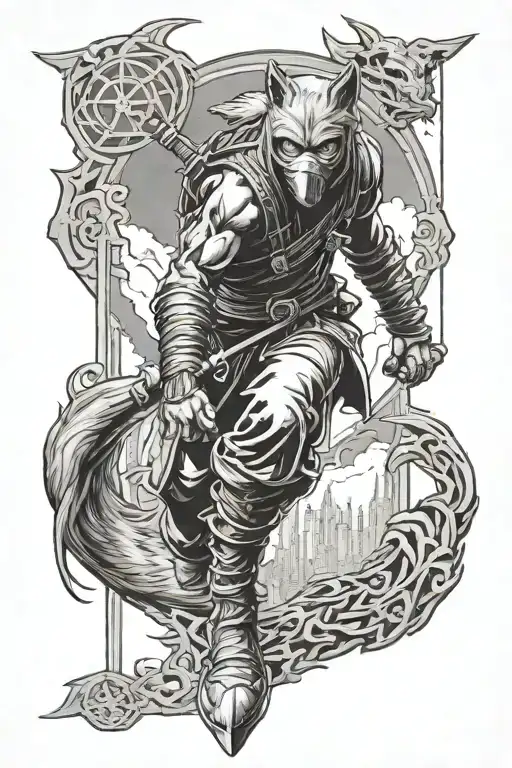 ninja warrior standing by wolf tattoo design idea