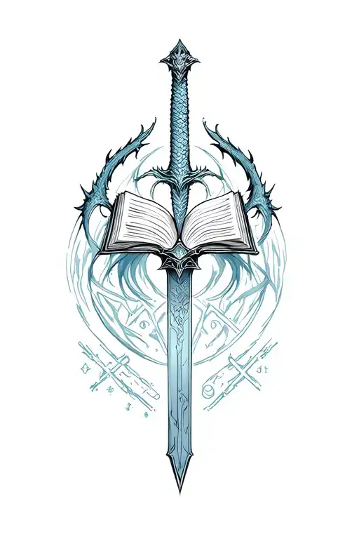 dragon, book, dagger, sleepy hallows symbol, celestial elements tattoo design idea