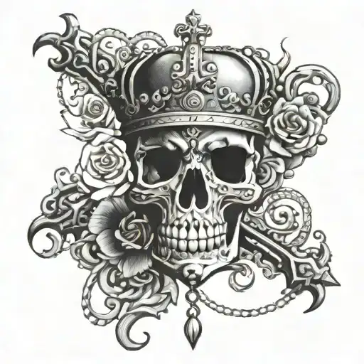 A royal crown intertwined with elegant jewelry pieces, surrounded by intricate weapons designs tattoo design idea