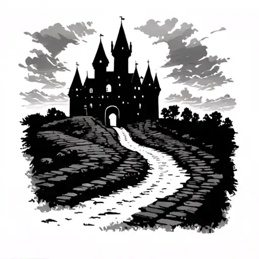 Castle in the distance where a path initially narrow starts and then going down and widens and around the ground and to tattoo design idea