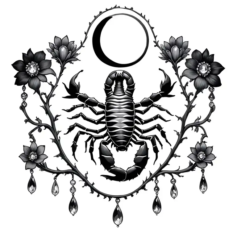 vines with flowers with dangling jewels with scorpion in the center with a moon above it tattoo design idea