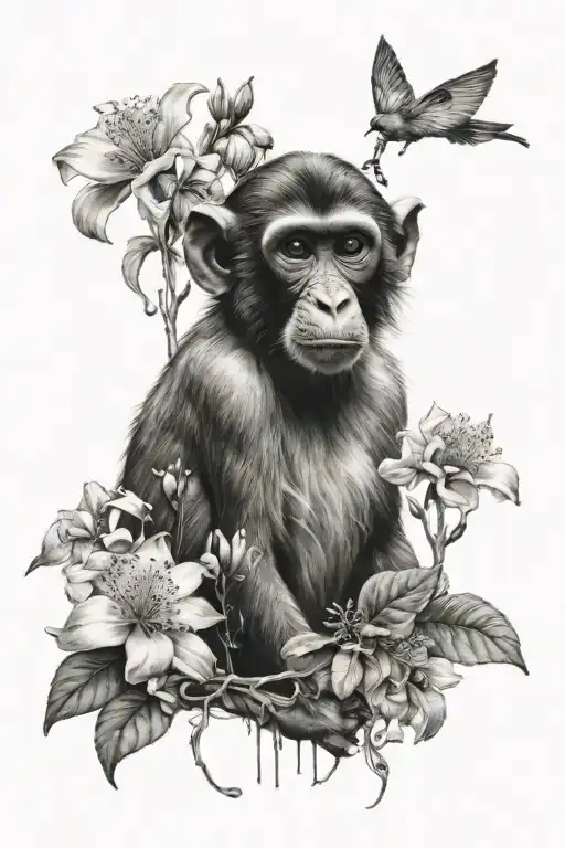 rhesus monkey surrounded by flowers growing tattoo design idea