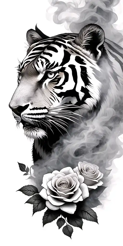tiger head from side view surrounded by smoke fog multiple roses at base tattoo design idea