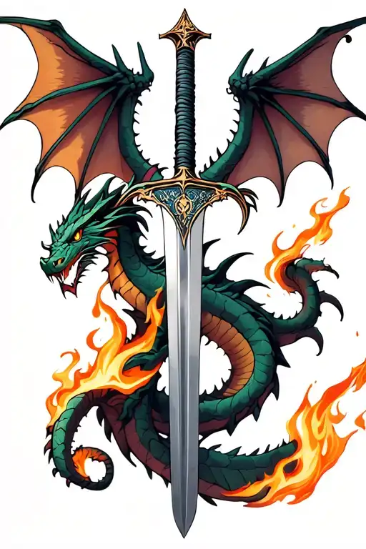 dragon wings spread behind a sword with tail wrapped around it with fire tattoo design idea
