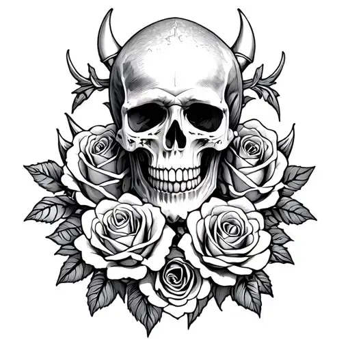 create a skull surrounded by roses and viking symbols  tattoo design idea