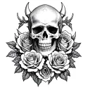 create a skull surrounded by roses and viking symbols  tattoo design idea
