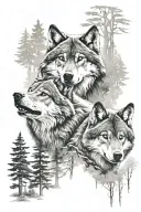 two wolves in a forest landscape tattoo design idea