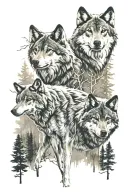two wolves in a forest landscape tattoo design idea