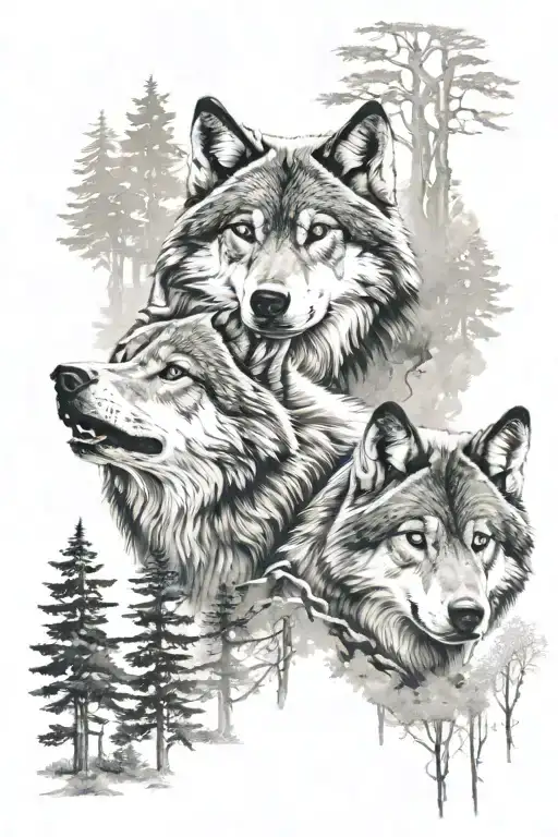 two wolves in a forest landscape tattoo design idea