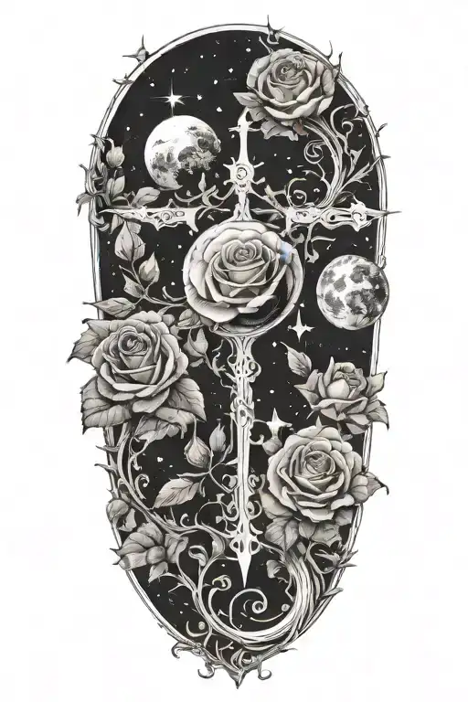 Microrealism tattoo with space themes and maybe rose or thorned vine elements. Partial arm sleeve. Cross in middle of in tattoo design idea