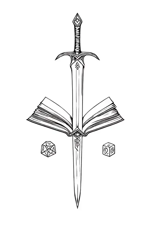 book open with d20 dice and sword tattoo design idea