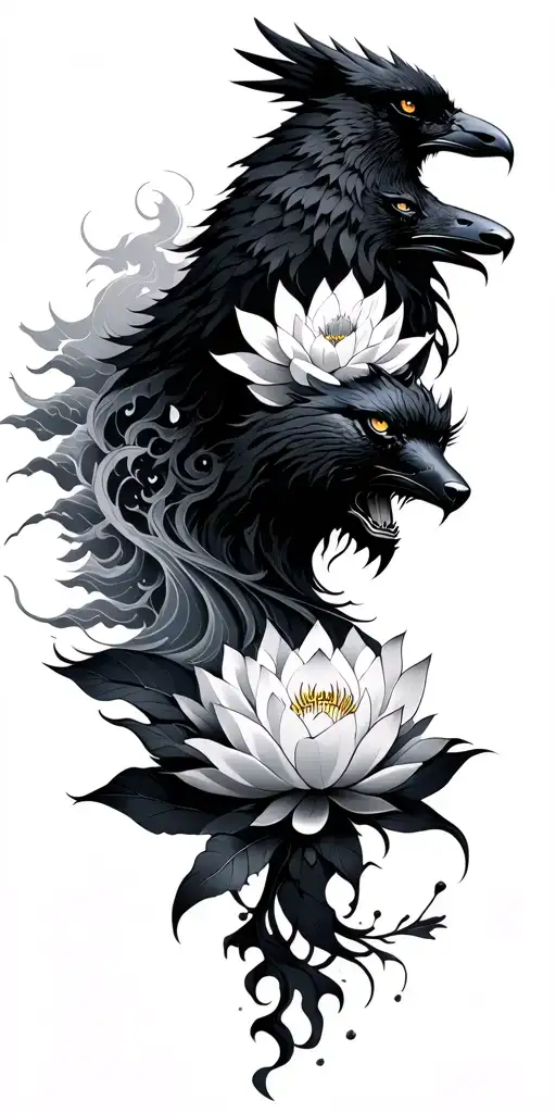 japanese wave, lotus and samauri with raven on shoulder and wolf head tattoo design idea