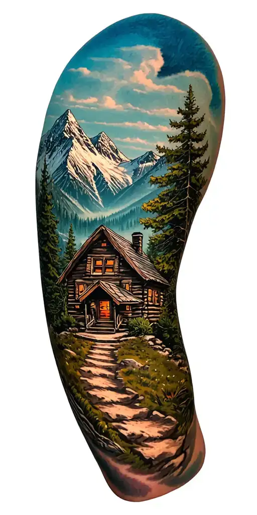 Mountain cabin and trail winding road leading its pack tattoo design idea