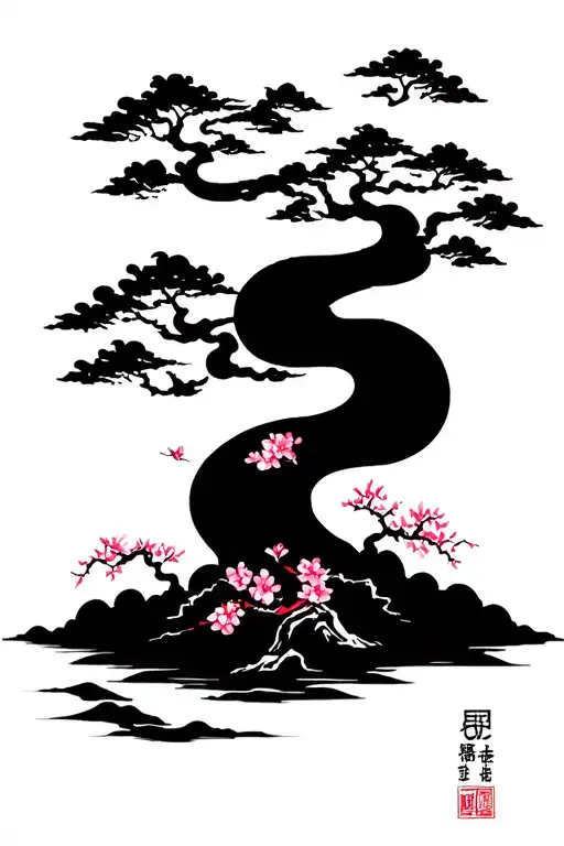 Asian clouds swirling cherry blossom tree tattoo design idea