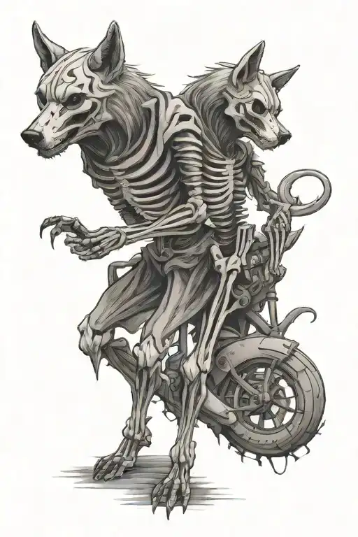 skeleton figure standing off with evil wolf  tattoo design idea