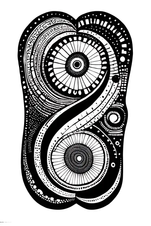 Classic patterns of Kandinsky (free curve to the point), Nazca geoglyphs and gold cities medallion tattoo design idea