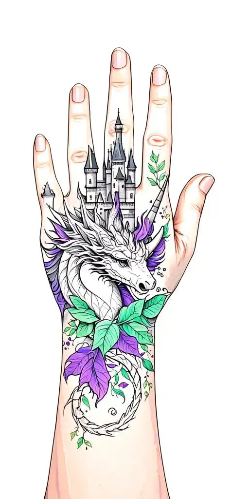 This is a female tattoo on the whole hand with a dragon, castle, unicorn and leaves. Colors: black, purple, green tattoo design idea