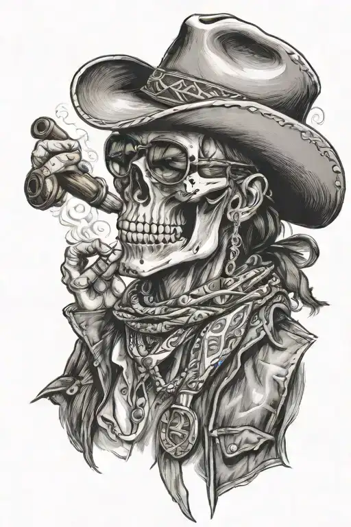 cowboy skull poker player smoking a cigar with aviator glasses and bandana tattoo design idea