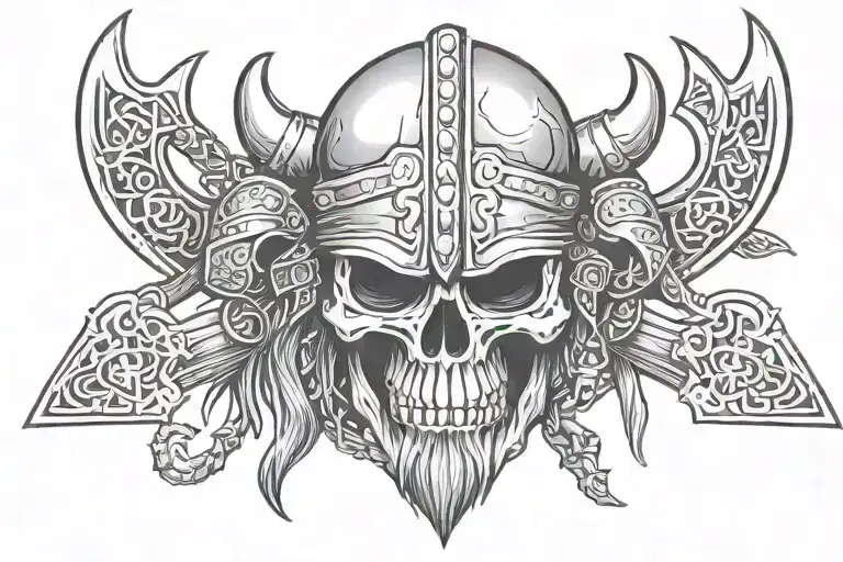 skull wearing Viking helmet with two battle axes crossing over eachother tattoo design idea
