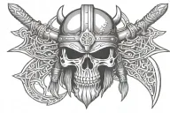 skull wearing Viking helmet with two battle axes crossing over eachother tattoo design idea