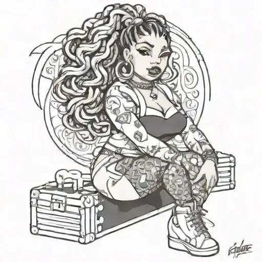 black chubby pin up girl with box braids and piercing full body cartoon style  tattoo design idea