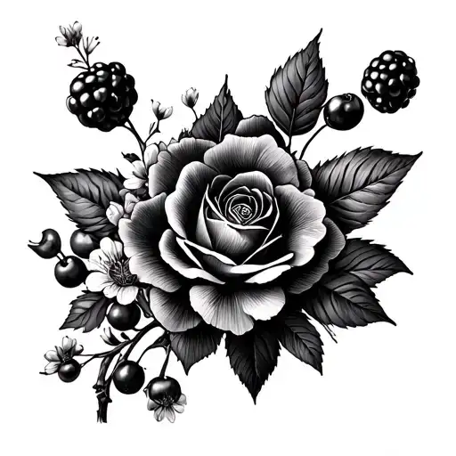 Wildflower tattoo sleeve including blackberries wild roses cherry blossoms tattoo design idea