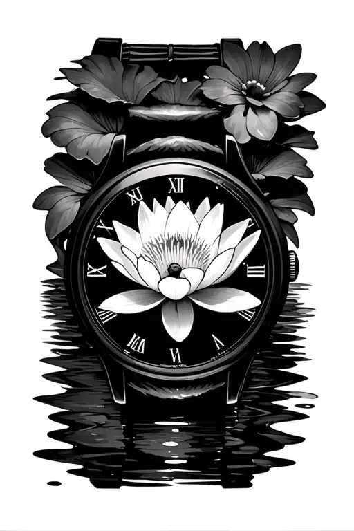 fob watch water lily flower tattoo design idea