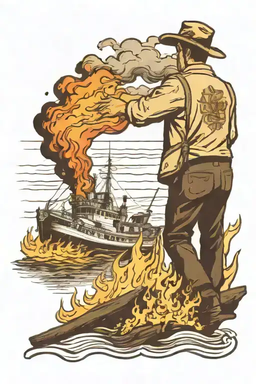 man walking away from a burning boat in a harbor on the Oregon coast tattoo design idea