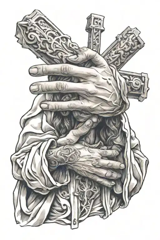 woman in praying position holding hands together with Jesus cross wrapped around fingers  tattoo design idea