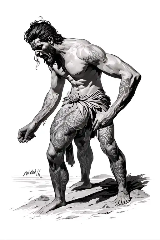 Scene from odyssey where odyssues tells the cyclops his name is nobody, and hes down a half bowing position, with cyclop tattoo design idea