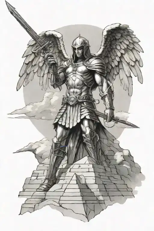 archangel coming out from behind a pyramid, holding a sword and seeing a part of his body appearing tattoo design idea