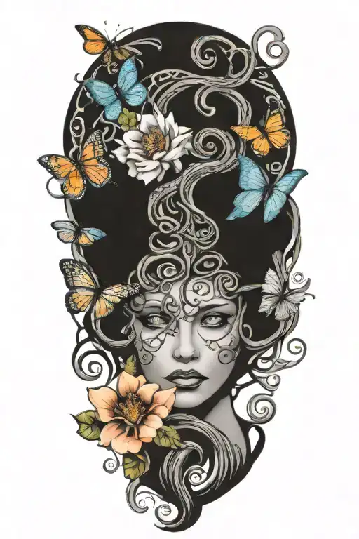 medusa with hair of snakes with flowers surrounding her and butterflies  tattoo design idea