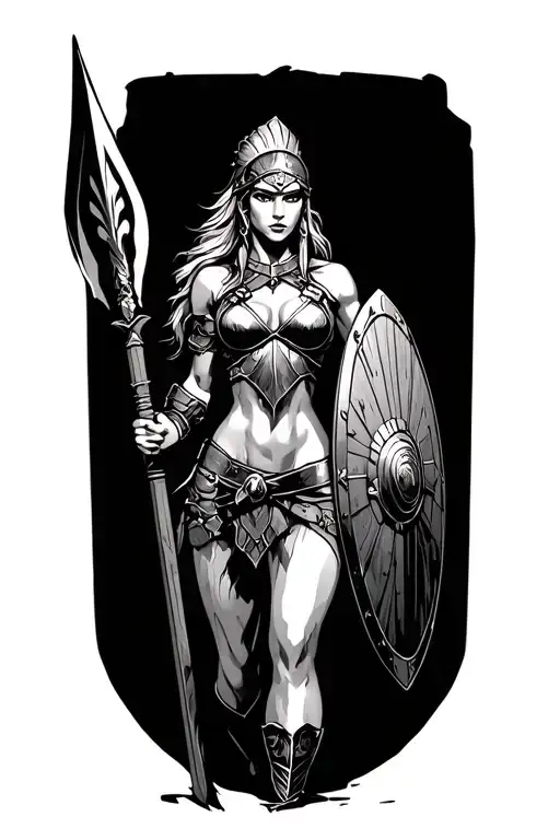 ares as a female spartan with spear and shield adorned tattoo design idea