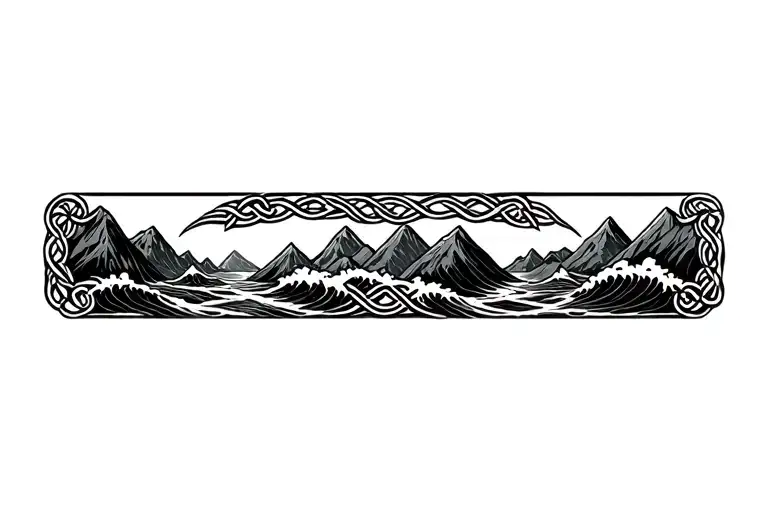 Celtic knot frame, mountains, crashing waves tattoo design idea