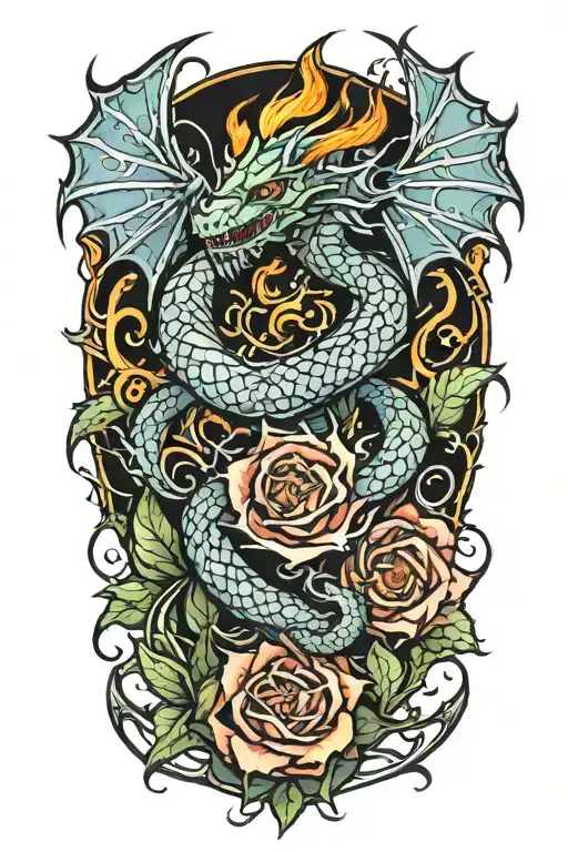 dragon rising from knee, coiling around a flaming fractal rose blooming on the thigh, glowing with light. tattoo design idea