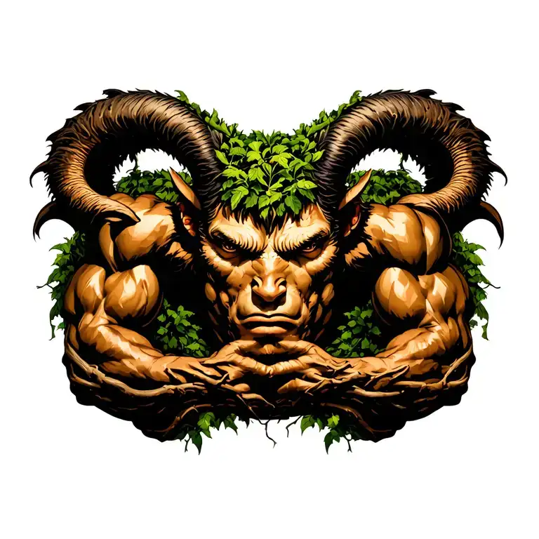 muscular male nature satyr heavyset bodybuilder muscles, vines and tree roots tribal pattern nature runic tattoo design idea