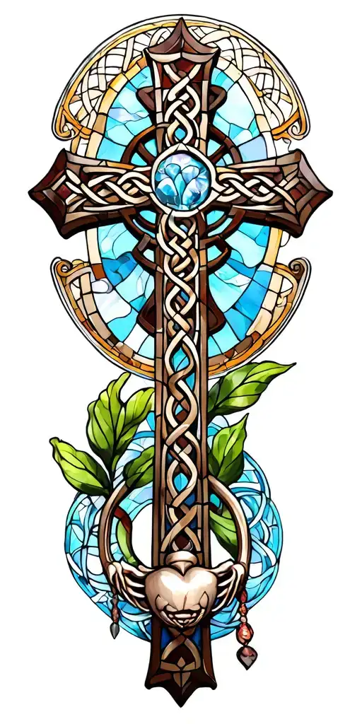 Stained Glass Celtic cross with claddagh ring tattoo design idea